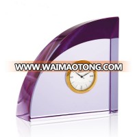 Purple Color  Crystal Glass Trophy Award Clock  Customized Logo Desk Clock For Business Gift